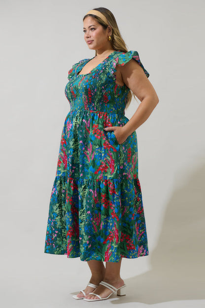 Devin Floral Glare Smock Tiered Midi Dress Curve