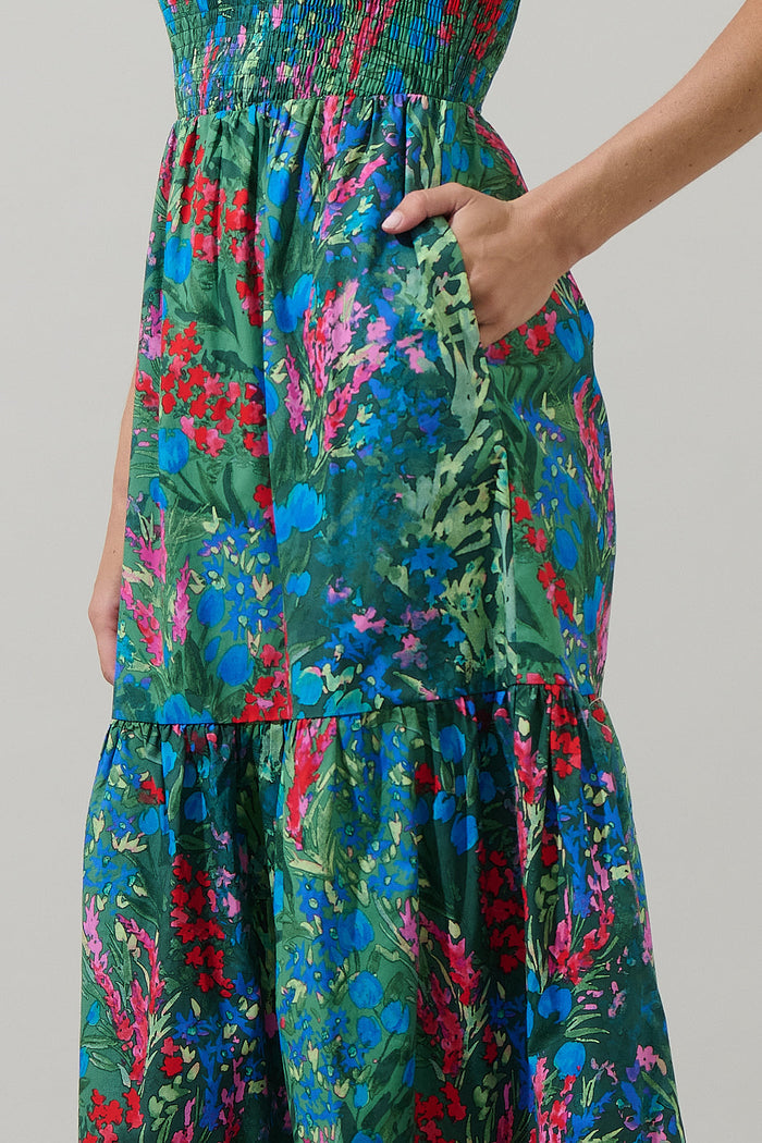 Devin Floral Glare Smock Tiered Midi Dress