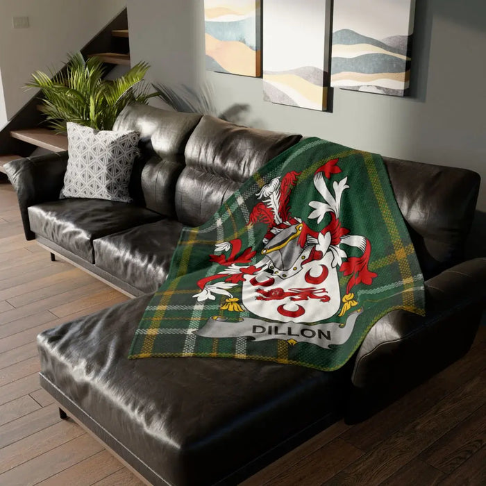 Dillon Irish family crest printed throw blanket on the Irish National Tartan