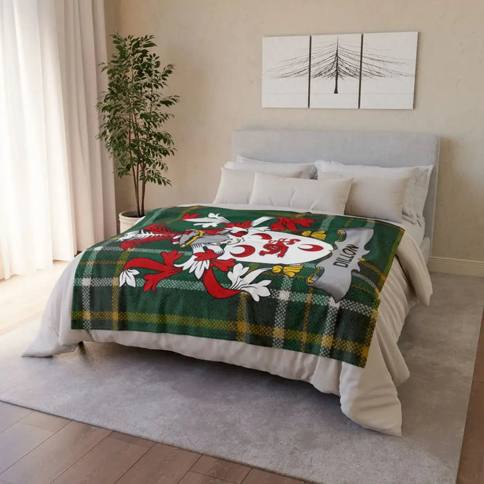 Close view of the Dillon family crest detail on the Irish National Tartan throw blanket