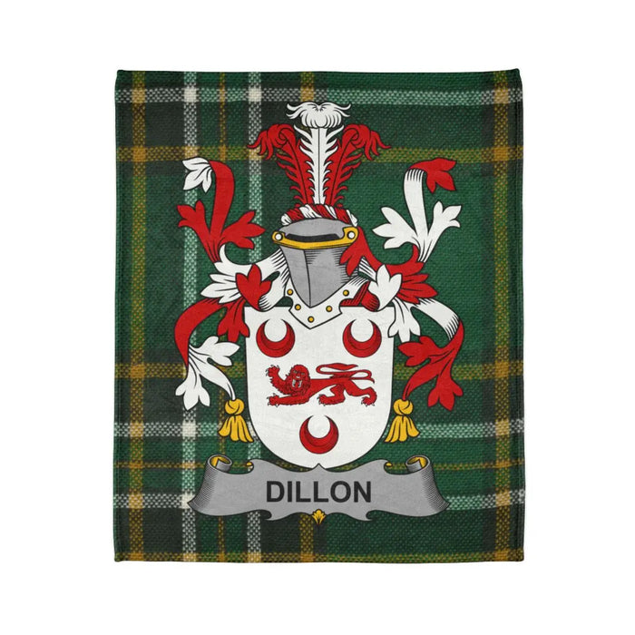 Dillon family crest throw blanket in the Irish National Tartan design, 50 by 60 inches