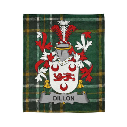 Dillon family crest throw blanket in the Irish National Tartan design, 50 by 60 inches
