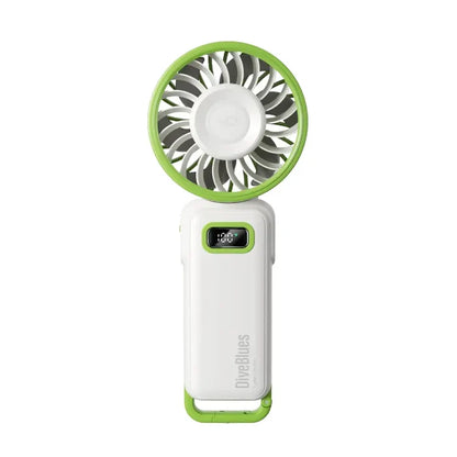 Diveblues Portable High Speed Turbo Handheld Fan shown from the front in white and green colour on a a white background