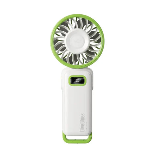 Diveblues Portable High Speed Turbo Handheld Fan shown from the front in white and green colour on a a white background