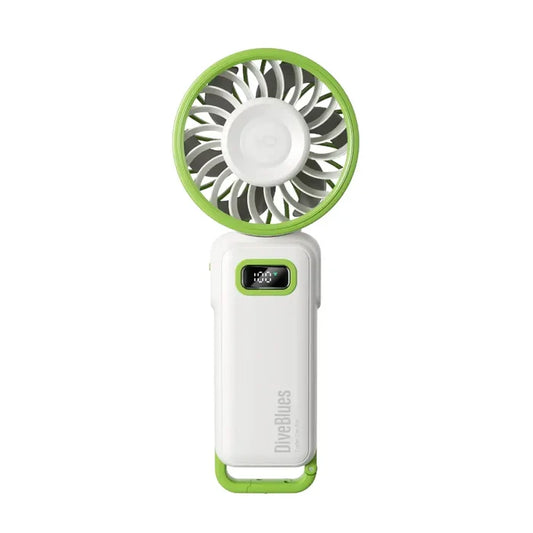 Diveblues Portable High Speed Turbo Handheld Fan shown from the front in white and green colour on a a white background