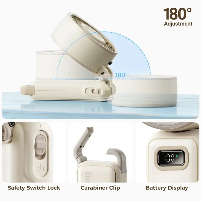 A product infographic showing a Diveblues Portable High Speed Turbo Handheld Fan with close-up detail shots of its safety switch, carabiner clip, and battery display, on a white background with descriptive text overlays.