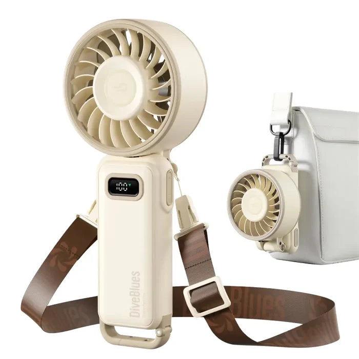 A Diveblues Portable High Speed Turbo Handheld Fan shown with its shoulder strap and a small inset showing it attached to a light gray bag using its integrated base clip.