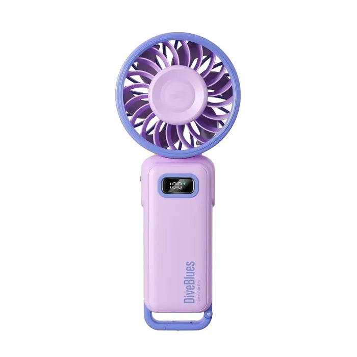 Diveblues Portable High Speed Turbo Handheld Fan shown from the front in purple and blue colour on a a white background
