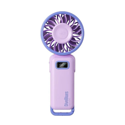 Diveblues Portable High Speed Turbo Handheld Fan shown from the front in purple and blue colour on a a white background