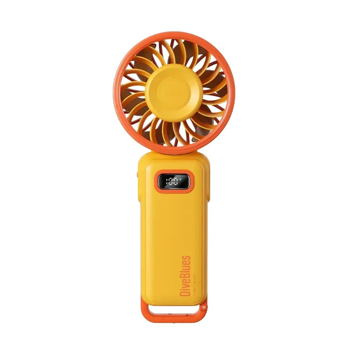 Diveblues Portable High Speed Turbo Handheld Fan shown from the front in yellow and orange colour on a a white background
