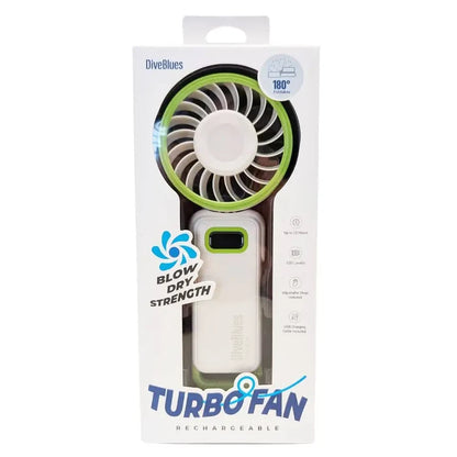 Diveblues Portable High Speed Turbo Handheld Fan in its original white retail packaging shown from the front, on a white background