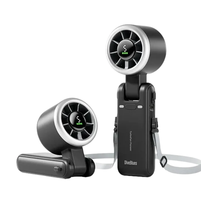 Diveblues Portable Jetforce Handheld Fan in colour grey showing the upright and angled fan position on a white background