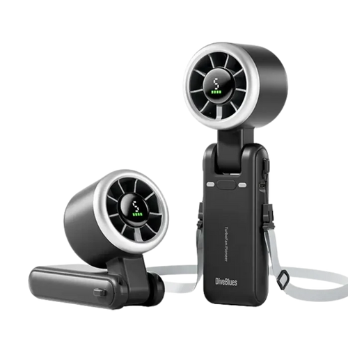 Diveblues Portable Jetforce Handheld Fan in colour grey showing the upright and angled fan position on a white background