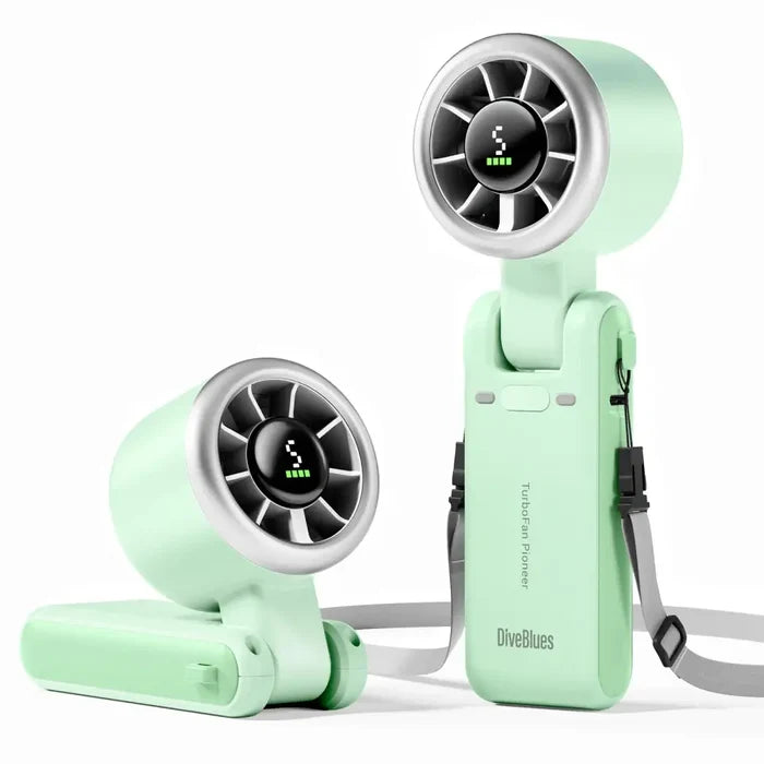 Diveblues Portable Jetforce Handheld Fan in colour green showing the upright and angled fan position on a white background