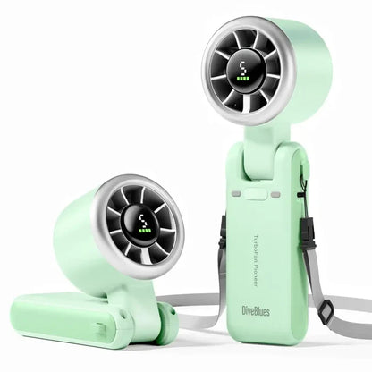 Diveblues Portable Jetforce Handheld Fan in colour green showing the upright and angled fan position on a white background