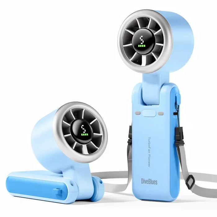 Diveblues Portable Jetforce Handheld Fan in colour blue showing the upright and angled fan position on a white background