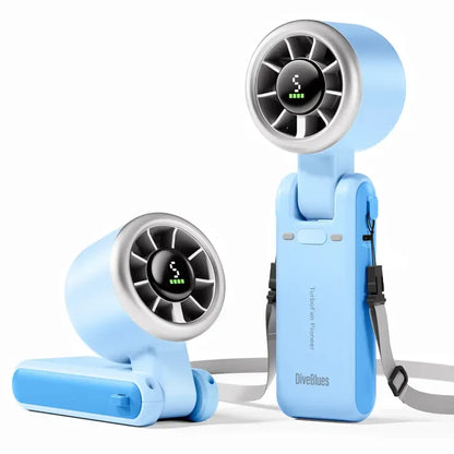 Diveblues Portable Jetforce Handheld Fan in colour blue showing the upright and angled fan position on a white background