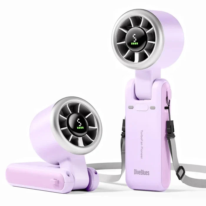 Diveblues Portable Jetforce Handheld Fan in colour purple showing the upright and angled fan position on a white background