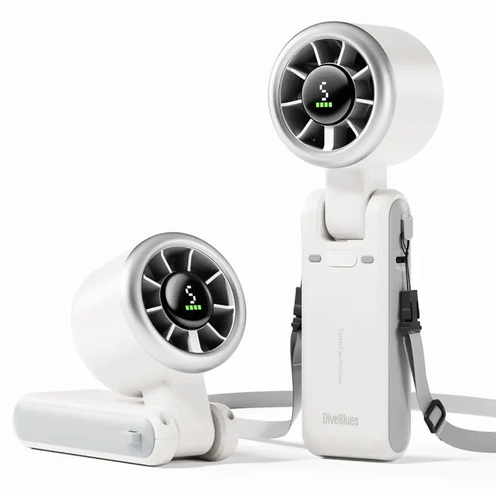 Diveblues Portable Jetforce Handheld Fan in colour white showing the upright and angled fan position on a white background