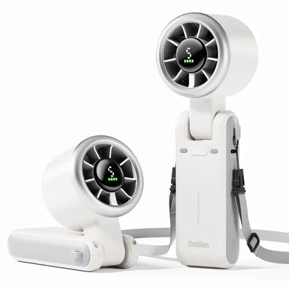 Diveblues Portable Jetforce Handheld Fan in colour white showing the upright and angled fan position on a white background