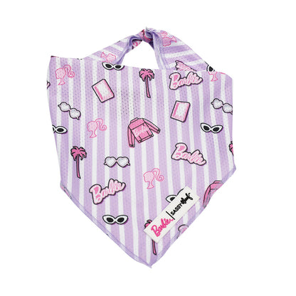 The Sassy Woof Dog Bandana - BARBIE™ Closet Goals, in pink and purple stripes with Barbie-themed illustrations, is shown laid flat on a white background.
