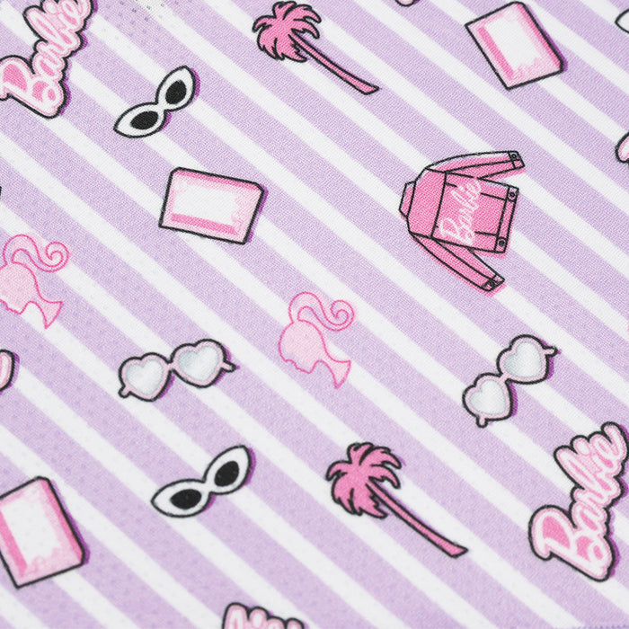 The Dog Bandana - BARBIE™ Closet Goals by Sassy Woof features white and lavender striped mesh with Barbie logos, sunglasses, palm trees, a pink jacket, the Barbie silhouette, and books—part of the Barbie x Sassy Woof cooling bandana collection.
