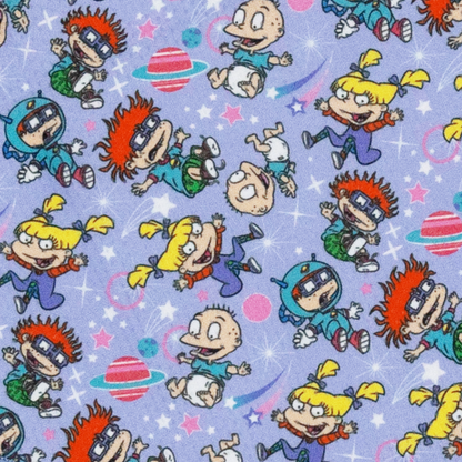 The Sassy Woof Dog Bandana - Nickelodeon Rugrats™ features Tommy, Chuckie, Angelica, and Phil & Lil on a playful purple background with stars and planets—perfect for fans of the classic cartoon!.