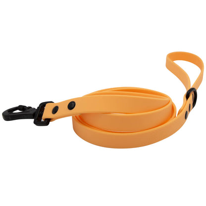 The Sassy Woof Dog Bundle - Adventure Collection (Orange) leash, featuring a black metal clip and button fasteners, is rolled up and displayed on a white background.