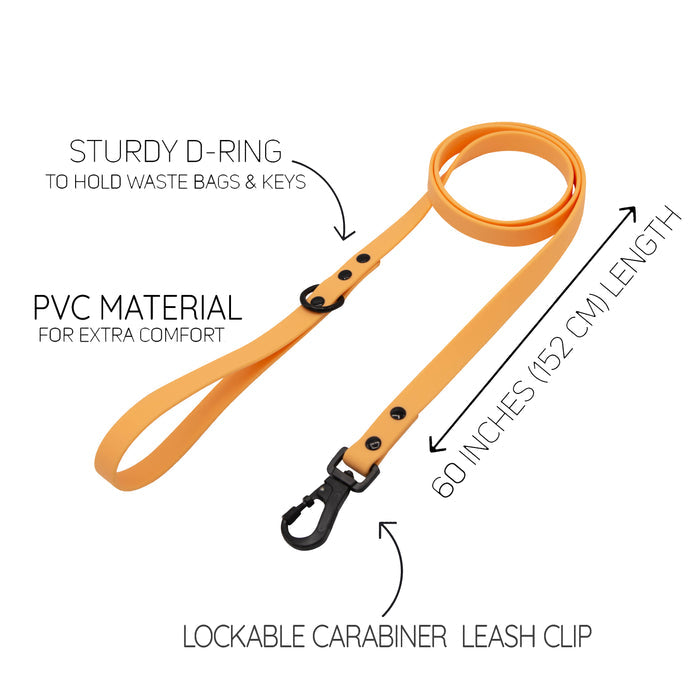 The Sassy Woof Dog Bundle - Adventure Collection (Orange) includes a 60" waterproof leash with sturdy D-ring, lockable carabiner clip, and comfy PVC material—perfect for pairing with your durable dog collar on any adventure.
