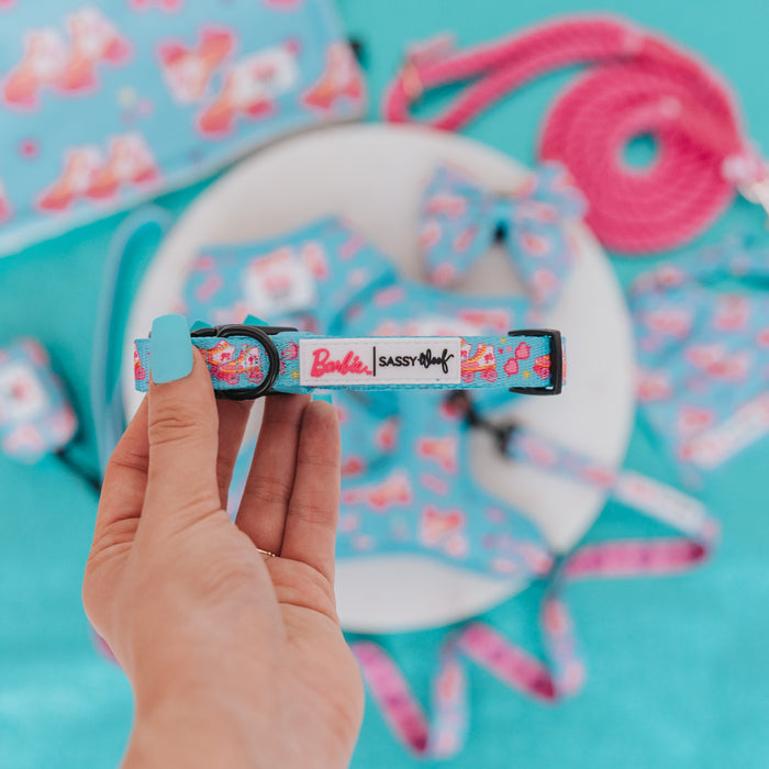 A hand with blue-painted nails holds the Sassy Woof Dog Collar - BARBIE™ On a Roll above coordinating blue and pink pet accessories, arranged on a white plate with a turquoise background.