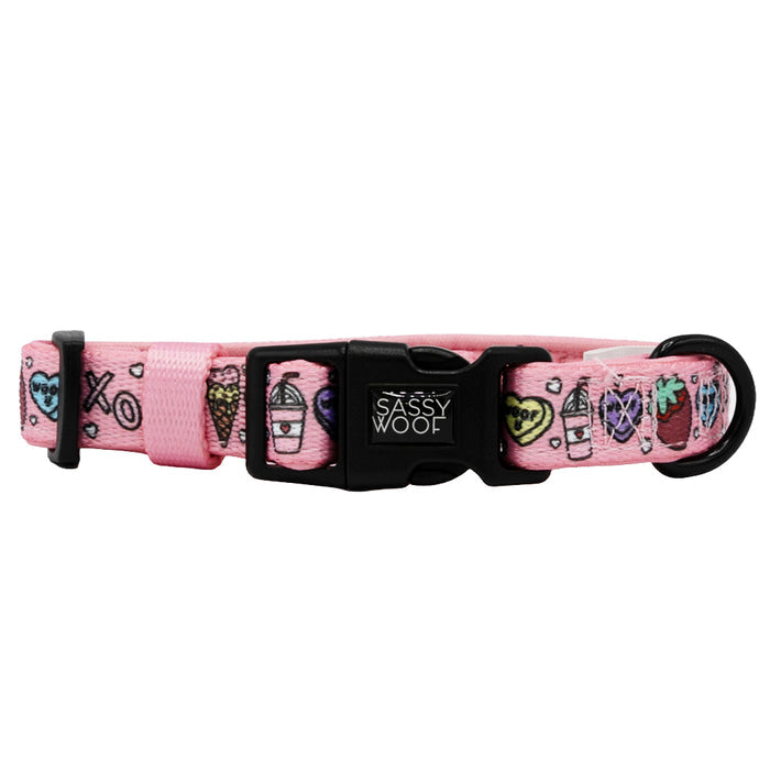 The Sassy Woof Dog Collar - I Chews You is pink, adjustable, and features a black plastic buckle with the brand name in white. Decorated with colorful cartoon icons like hearts, ice cream, coffee cup, and paw prints, it has a sturdy leash attachment.