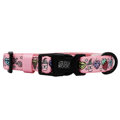 The Sassy Woof Dog Collar - I Chews You is pink, adjustable, and features a black plastic buckle with the brand name in white. Decorated with colorful cartoon icons like hearts, ice cream, coffee cup, and paw prints, it has a sturdy leash attachment.