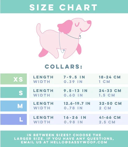 Size chart for the Sassy Woof Dog Collar - Might as Whale with a pink cartoon dog. Shows XS, S, M, L adjustable sizes and corresponding collar lengths/widths in inches/cm. Contact info appears at the bottom.