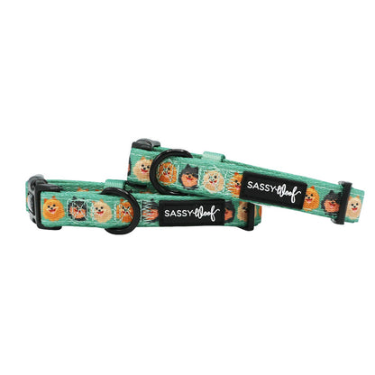 Two green “Pawfect Poms” dog collars by Sassy Woof, decorated with cartoon dog faces and sturdy D-rings, are displayed overlapping on a white background.