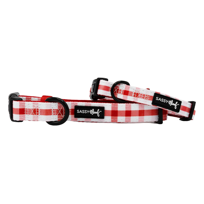 Two Sassy Woof "Dog Collar - Picnic Fur Two" adjustable collars, in red and white plaid with black plastic buckles and sturdy D-rings, are displayed against a white background with Sassy Woof labels on each.