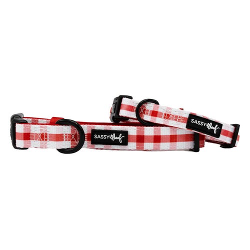 Two Sassy Woof "Dog Collar - Picnic Fur Two" adjustable collars, in red and white plaid with black plastic buckles and sturdy D-rings, are displayed against a white background with Sassy Woof labels on each.