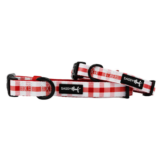 Two Sassy Woof "Dog Collar - Picnic Fur Two" adjustable collars, in red and white plaid with black plastic buckles and sturdy D-rings, are displayed against a white background with Sassy Woof labels on each.
