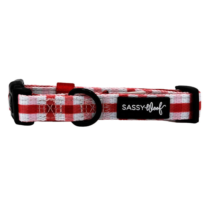 The Sassy Woof Dog Collar - Picnic Fur Two features red and white checkers, an adjustable fit, black plastic buckle, sturdy D-ring, and a black tag labeled SASSY WOOF.
