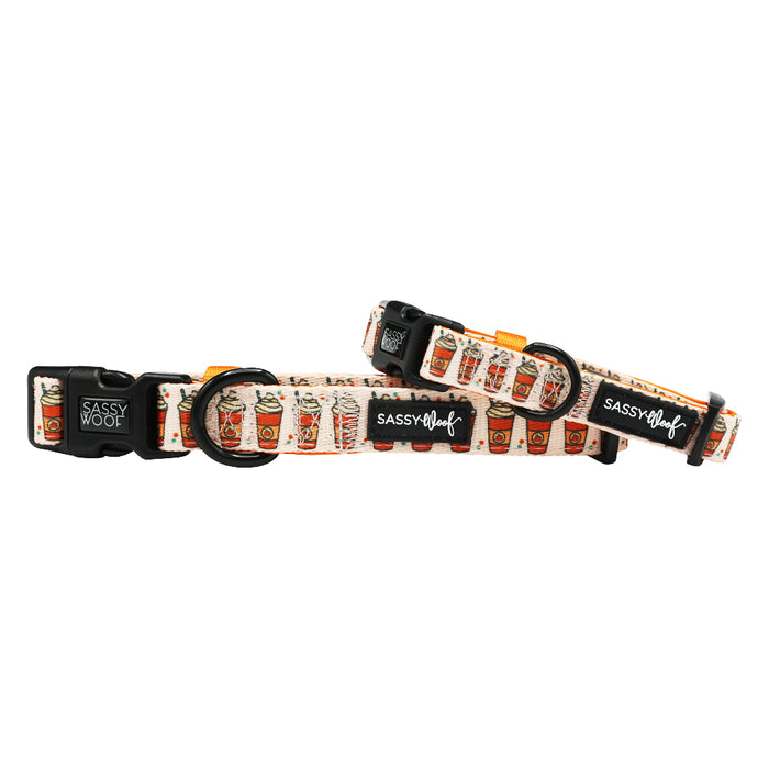 Two Dog Collar - Pie There! by Sassy Woof, adjustable with sturdy D-rings and black clasps, featuring a pie pattern and "SASSY WOOF" label on a white background.