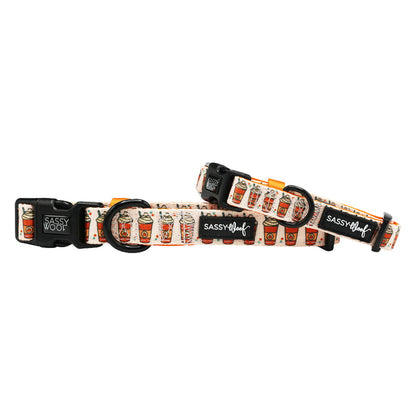 Two Dog Collar - Pie There! by Sassy Woof, adjustable with sturdy D-rings and black clasps, featuring a pie pattern and "SASSY WOOF" label on a white background.