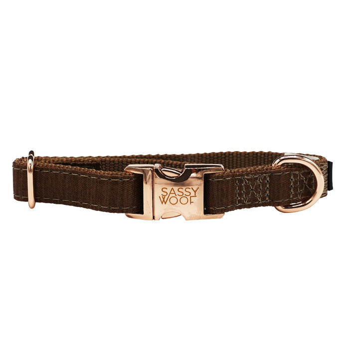 The Sassy Woof "Dog Collar - Teddy" is a brown adjustable collar with a gold buckle engraved with the brand name, sturdy D-ring for leash attachment, and soft neoprene lining, shown against a white background.