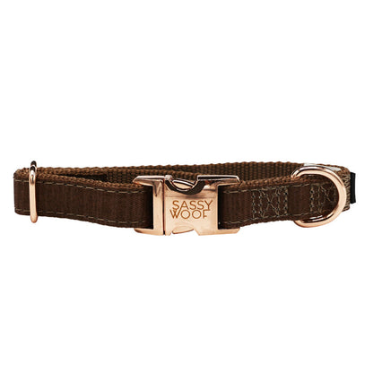 The Sassy Woof "Dog Collar - Teddy" is a brown adjustable collar with a gold buckle engraved with the brand name, sturdy D-ring for leash attachment, and soft neoprene lining, shown against a white background.