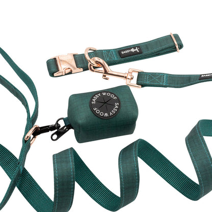 The Dog Collar Three Piece Bundle - Forest by Sassy Woof is displayed on a white background, featuring a teal dog leash set with gold hardware, a matching collar, and a rectangular waste bag holder labeled with the Sassy Woof logo.