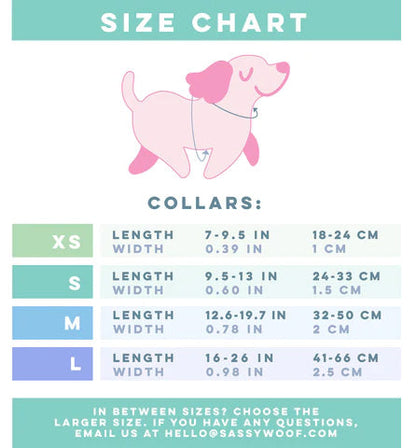 Size chart for Sassy Woof’s Dog Collar Three Piece Bundle – Forest, displaying XS, S, M, and L options with corresponding length and width in both inches and centimeters. A pink cartoon dog is illustrated above the chart. Contact details appear at the bottom, and matching leash information is available upon request.