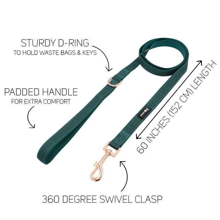 Sassy Woof's Forest Collection Dog Collar Three Piece Bundle includes a teal dog leash featuring a padded handle, sturdy D-ring, and 360-degree swivel clasp. Measuring 60 inches (152 cm) in length, the leash highlights its features with labeled black arrows and text, and is designed to pair perfectly with the matching collar in the set.