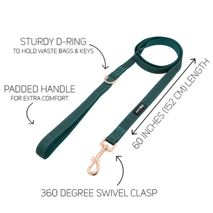 Sassy Woof's Forest Collection Dog Collar Three Piece Bundle includes a teal dog leash featuring a padded handle, sturdy D-ring, and 360-degree swivel clasp. Measuring 60 inches (152 cm) in length, the leash highlights its features with labeled black arrows and text, and is designed to pair perfectly with the matching collar in the set.