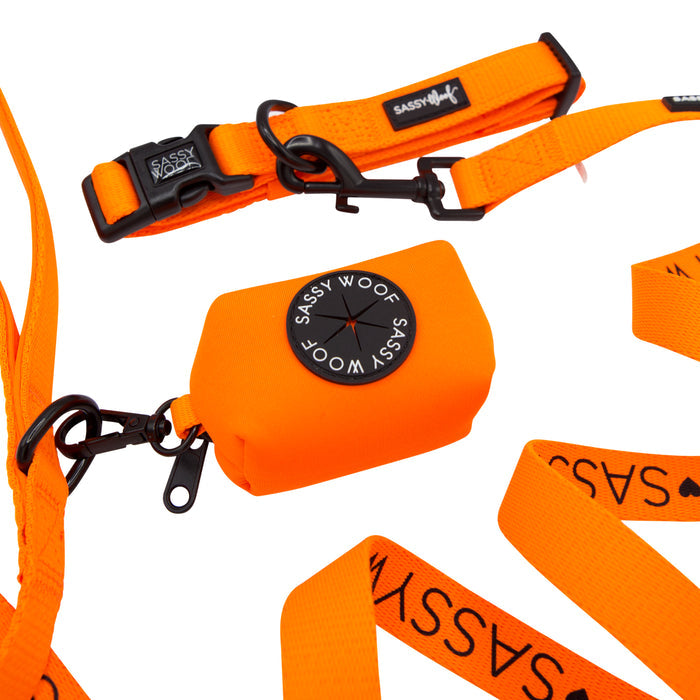 The Sassy Woof Dog Collar Three Piece Bundle in neon orange features bold branding, black hardware, and includes a matching waste bag holder—all arranged on a white background—ideal for anyone seeking vibrant dog accessories.
