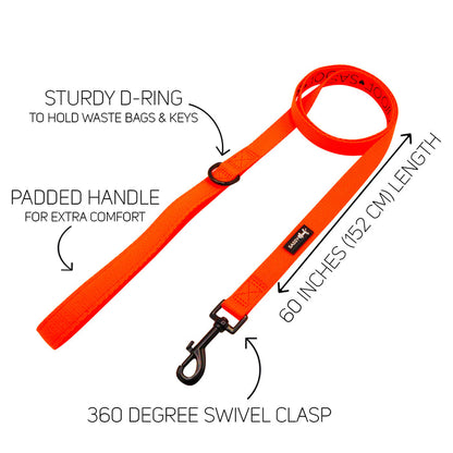 Introducing the Sassy Woof Dog Collar Three Piece Bundle in vibrant neon orange! Featuring a comfortable padded handle, a secure D-ring for attaching keys or waste bags, and a 360-degree swivel clasp—all at a convenient 60-inch (152 cm) length. Perfect as one of your must-have neon dog accessories, with clearly-labeled highlights and arrows pointing out each feature.