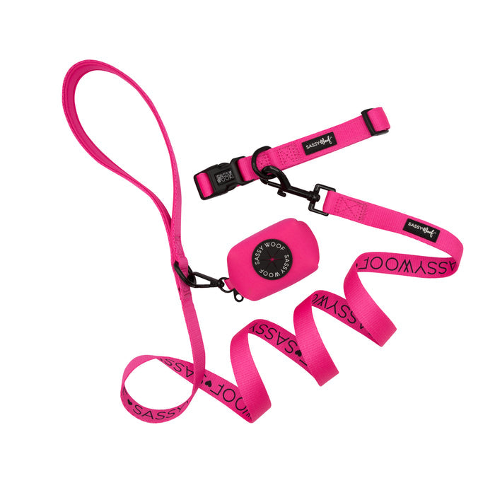Sassy Woof Dog Collar Three Piece Bundle in Neon Pink. This vibrant set includes a dog collar, leash, and waste bag holder, all featuring matching neon pink color and Sassy Woof branding. The collar and leash are equipped with black hardware and adjustable straps for a stylish and comfortable fit.