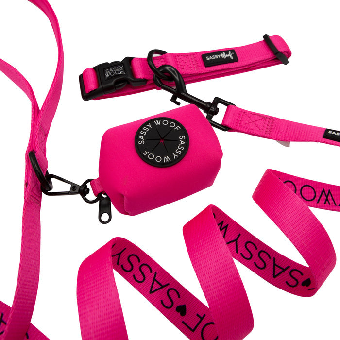 Introducing the Sassy Woof Dog Collar Three Piece Bundle in Neon Pink. This vibrant set includes a neon pink adjustable dog collar, a matching leash featuring the bold Sassy Woof branding, and a coordinating dog waste bag holder secured with a sleek black clip—perfect for stylish, colorful walks with your pup.